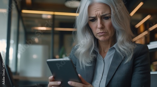 Mature Adult Businesswoman in Formal Attire Reading Document with Serious Expression in Office