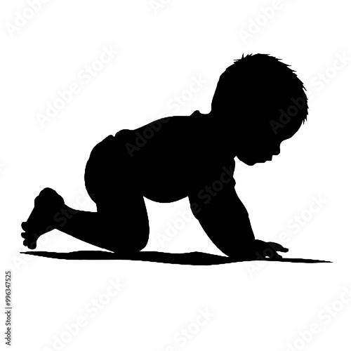 Silhouette of Baby Boy Playing – Black and White Vector Illustration on Transparent Background