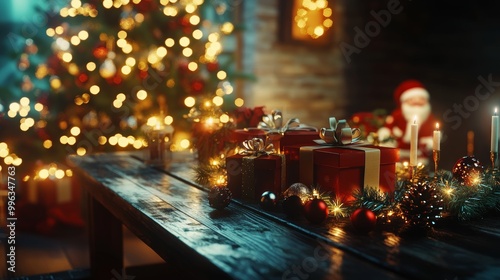 Decorated Christmas Table with Merry Holiday Ornaments Lit Candles