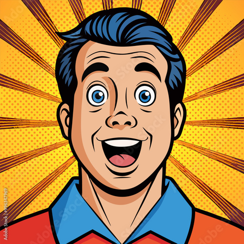 Face of an admiring or surprised young man. Retro pop art comic style. Vector illustration.
