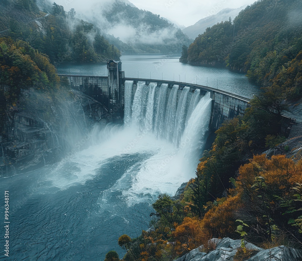 Hydro-electric dam with water cascading over the spillway on a misty day Hydro-electric dam with water cascading over the spillway on a misty day
