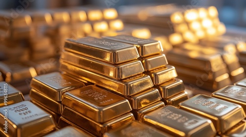 A close-up of gleaming gold bars stacked neatly, showcasing their luxurious shine and weight, symbolizing wealth and investment.