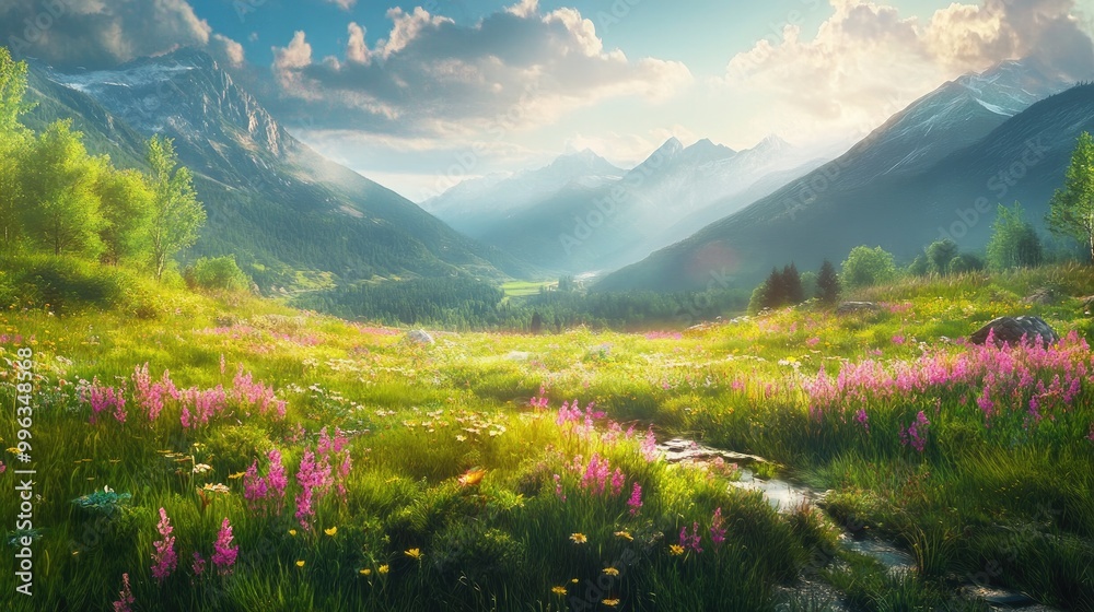 A stunning wild nature scene with a colorful meadow, lush greenery, and distant mountains, creating a breathtaking natural landscape A stunning wild nature scene with a colorful meadow, lush greenery, and distant mountains, creating a breathtaking natural landscape