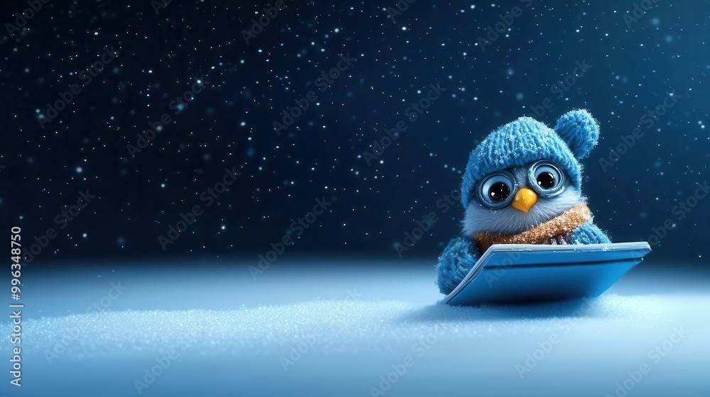 An owl in a pilot s cap riding a snowmobile, holding a rolled-up scroll, messenger of the night, wise courier