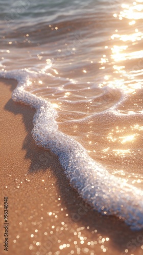 Gentle ocean waves lapping at a sandy beach, sparkling sunlight reflecting off the water surface.