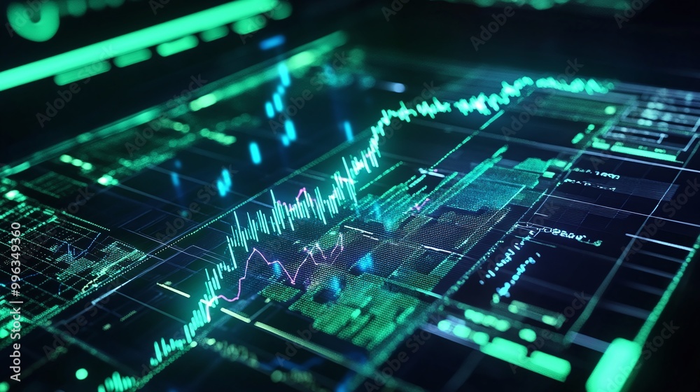 Fototapeta premium Abstract digital financial graph with glowing neon elements on a dark background.