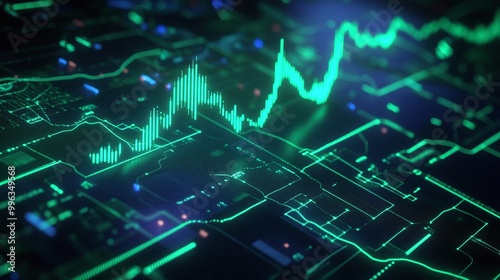 Abstract digital financial graph with green lines on a dark background, representing stock market trends and data analysis.