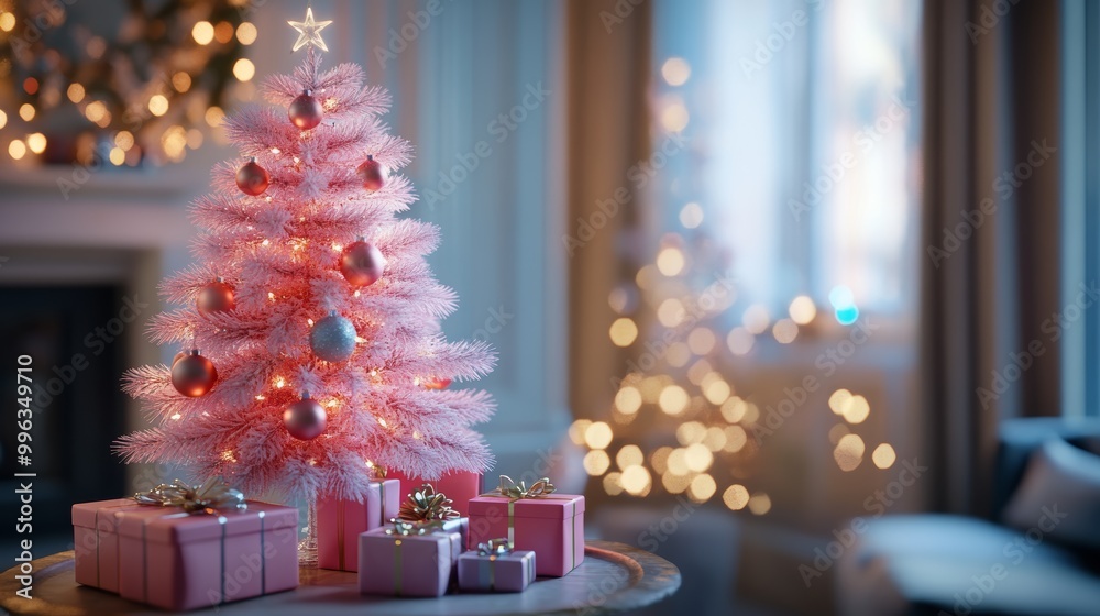 Modern Pink Christmas Tree with Pastel Colored Gifts in Contemporary Living Room Modern Pink Christmas Tree with Pastel Colored Gifts in Contemporary Living Room