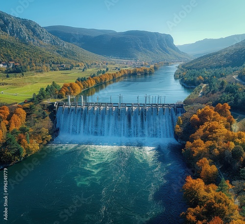 Aerial view of the hydroelectric dam on the with autumn foliage photo