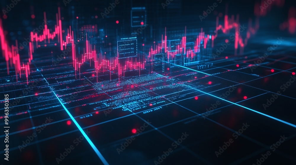 Abstract digital financial graph with red and blue lines representing market trends on a dark background. Abstract digital financial graph with red and blue lines representing market trends on a dark background.
