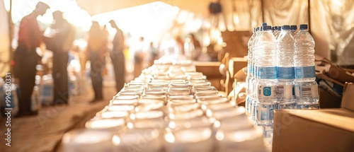 Rows of plastic water bottles stacked neatly, with blurred people in the background, showcasing a scene of a large event or gathering. photo