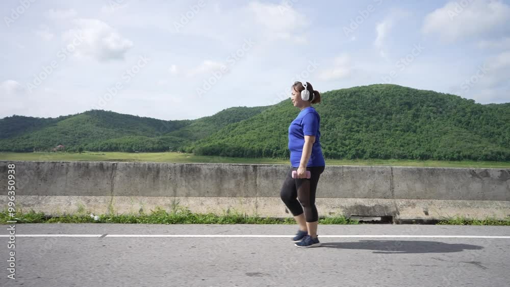 A side view of a middle-aged, overweight Asian woman walking for exercise and lifting dumbbells on a scenic road by a reservoir, aiming for better health and weight loss A side view of a middle-aged, overweight Asian woman walking for exercise and lifting dumbbells on a scenic road by a reservoir, aiming for better health and weight loss