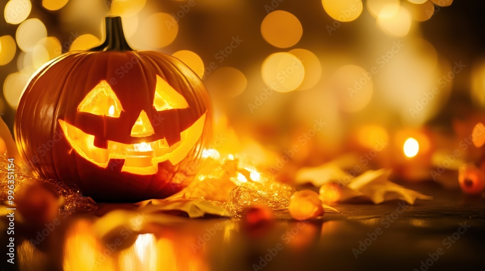 Glowing Halloween pumpkin illuminated with eerie lights in the dark, creating a spooky atmosphere with a blurred background and bokeh effect. The jack-o'-lantern's glowing face casts shadows that enha Glowing Halloween pumpkin illuminated with eerie lights in the dark, creating a spooky atmosphere with a blurred background and bokeh effect. The jack-o'-lantern's glowing face casts shadows that enha