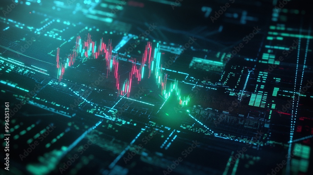 Abstract digital financial market chart with glowing data analytics and stock trends. Abstract digital financial market chart with glowing data analytics and stock trends.