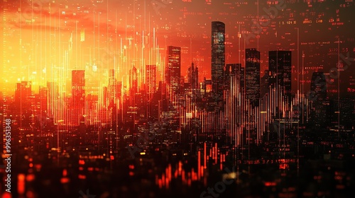 Cityscape with Orange and Red Hues and Digital Overlay