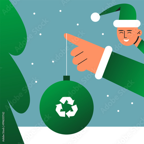 Eco-friendly green Boy Santa Claus hanging gifts made of recycled materials on the Christmas tree. Eco-Christmas concept. Sustainable development and technology. Flat vector illustration.