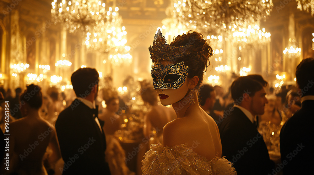 Obraz premium A luxurious masquerade ball featuring elegant guests in formal attire and intricate masks, set in a grand chandelier-lit ballroom.