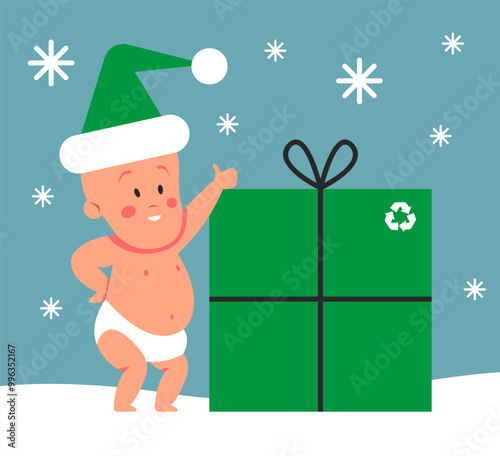 Eco-friendly green Baby Santa Claus hanging gifts made of recycled materials. Eco-Christmas concept. Sustainable development and technology. Flat vector illustration.