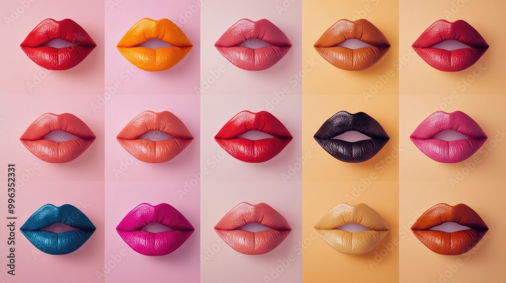 A creative set of bright lips in various colors on a pastel background, emphasizing bold, unique style A creative set of bright lips in various colors on a pastel background, emphasizing bold, unique style