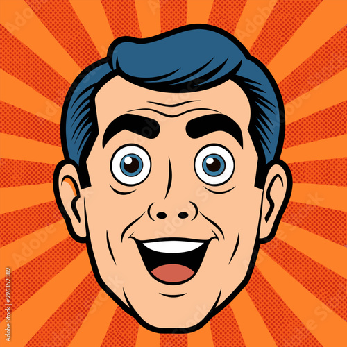 Face of an admiring or surprised young man. Retro pop art comic style. Vector illustration.