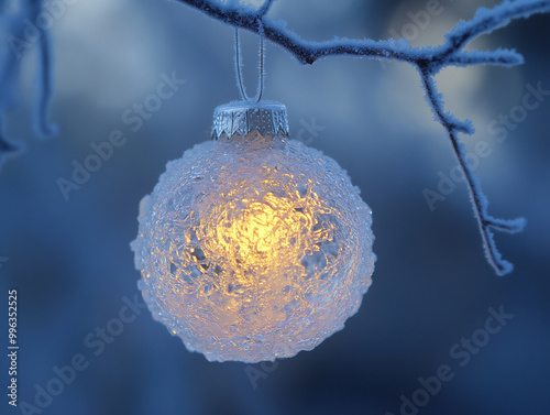 A delicate frosted ornament with a glowing snowflake design hangs on a snow-covered tree branch, surrounded by soft festive lights in a winter scene. photo