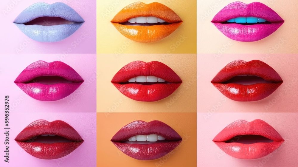 Obraz premium A creative set of bright lips in various colors on a pastel background, emphasizing bold, unique style