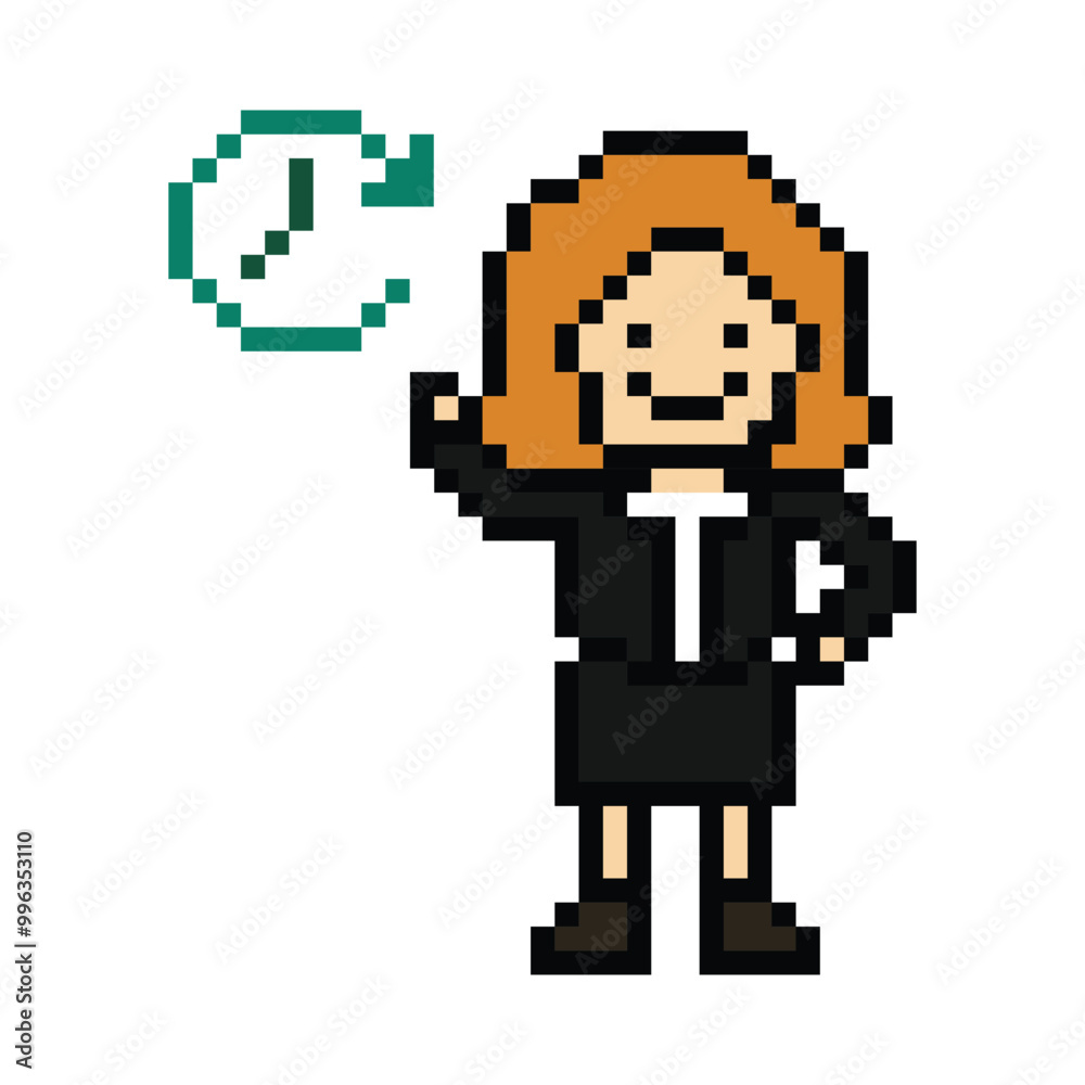 Fototapeta premium Cartoon cute pixel cartoon 8bit character business woman office smart work game for decoration business 8 bit female lady career smart character game png vector.