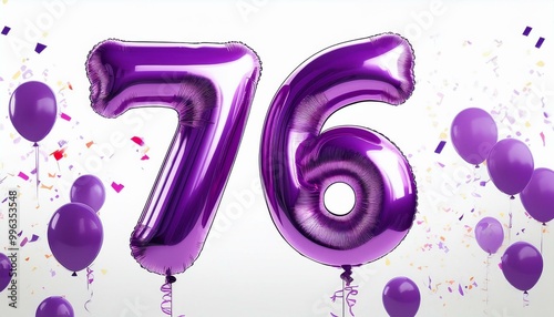 Purple birthday / anniversary balloon, number 76, white background with confetti