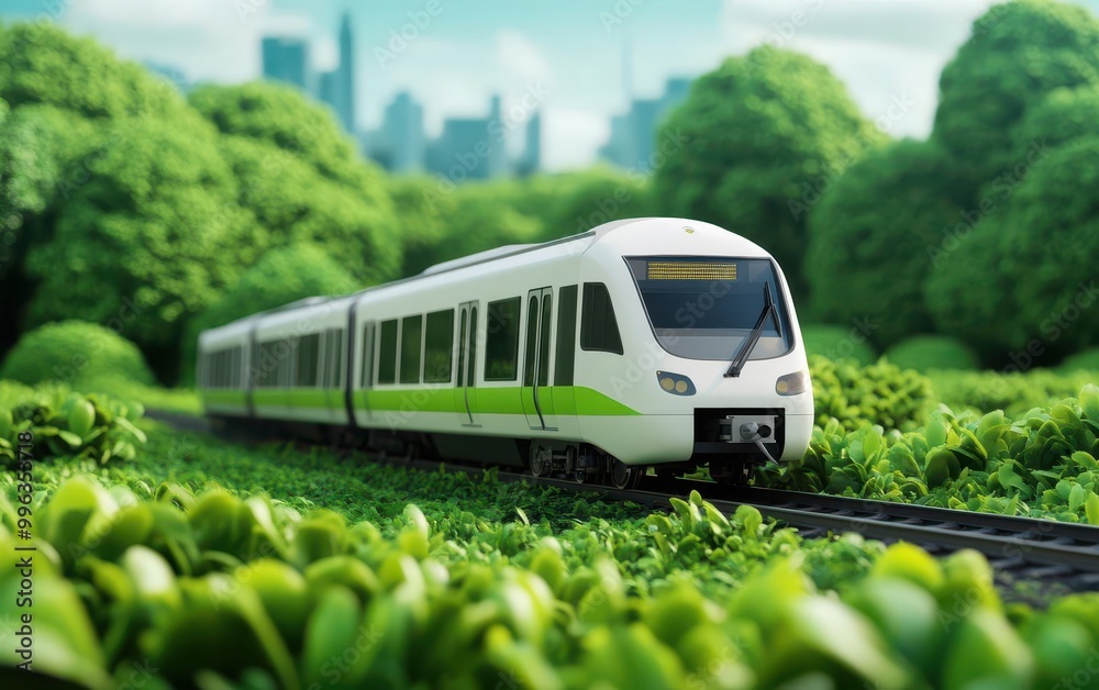 Naklejka premium A train powered by renewable energy moving through a green landscape, symbolizing sustainable transport, green transportation, low emissions