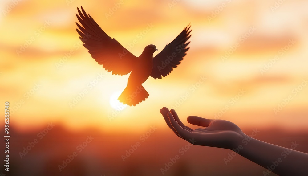 Obraz premium A solitary bird leaving a hand at dusk, flying towards the sunset with wings spread wide, solitude and hope, sunset release