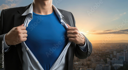 Businessman ripping open his shirt to reveal a blue costume underneath on cityscape background.