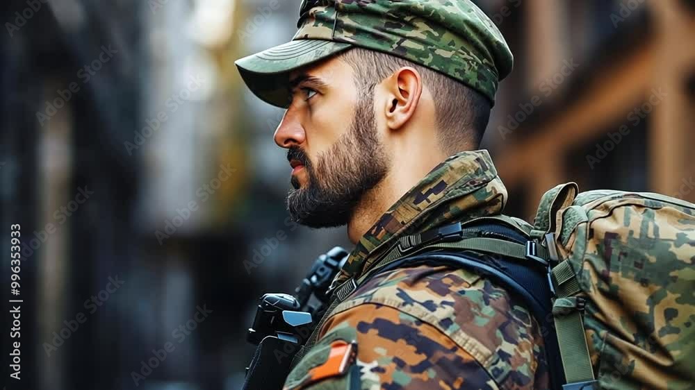 Soldier in Combat Uniform Standing Alert on City Street During Day Generative AI Soldier in Combat Uniform Standing Alert on City Street During Day Generative AI