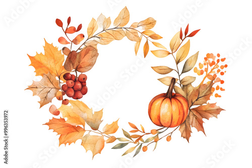 Autumn yellow leaves wreath watercolor collection isolated on transparent background