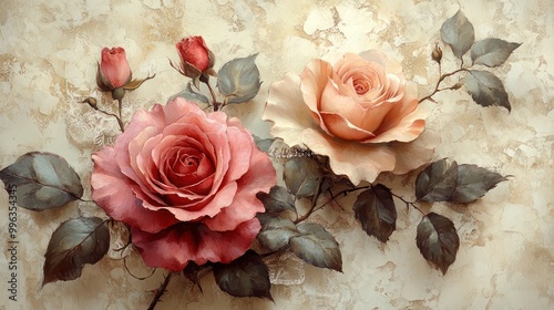 Chinoiserie-inspired interior wallpaper mural, 
Hand-painted blue and pink roses pattern.