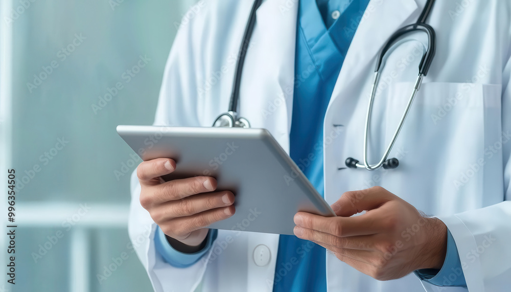 Doctor using tablet to analyze DNA, floating holographic data, modern medical facility Doctor using tablet to analyze DNA, floating holographic data, modern medical facility