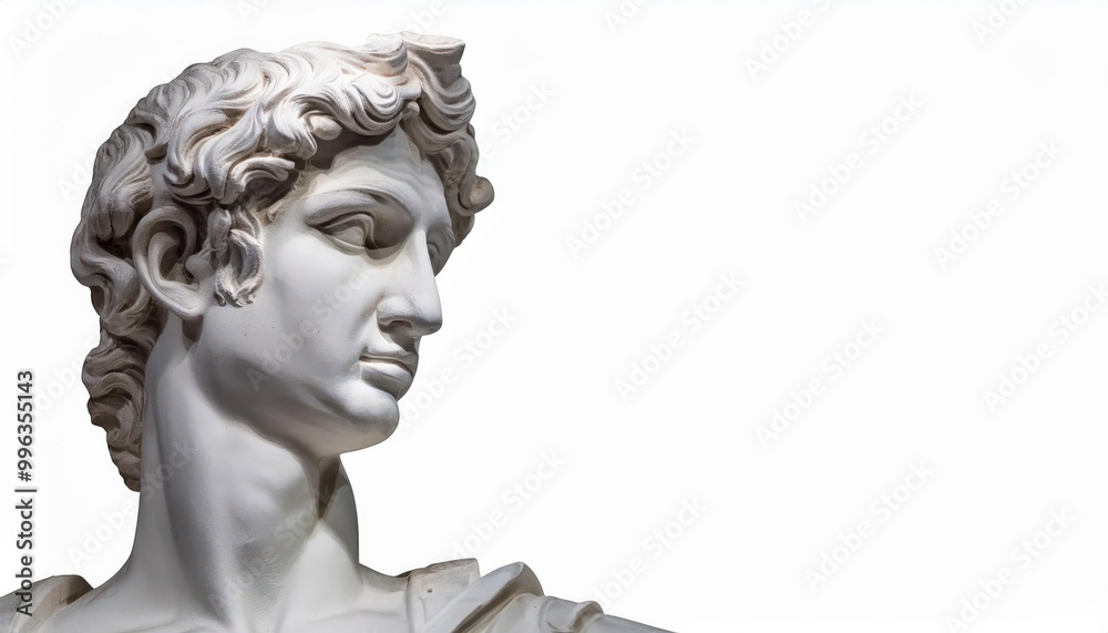 Obraz premium Close-up of Classical Marble Sculpture of a Male Figure with Curled Hair, Captured in an Intense Side Profile Against a Minimalist White Background, Highlighting the Intricate Details of the Carving 