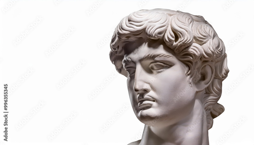 Close-up of Classical Marble Sculpture of a Male Figure with Curled Hair, Captured in an Intense Side Profile Against a Minimalist White Background, Highlighting the Intricate Details of the Carving Close-up of Classical Marble Sculpture of a Male Figure with Curled Hair, Captured in an Intense Side Profile Against a Minimalist White Background, Highlighting the Intricate Details of the Carving
