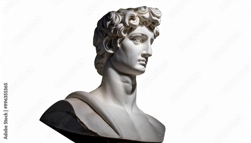Close-up of Classical Marble Sculpture of a Male Figure with Curled Hair, Captured in an Intense Side Profile Against a Minimalist White Background, Highlighting the Intricate Details of the Carving Close-up of Classical Marble Sculpture of a Male Figure with Curled Hair, Captured in an Intense Side Profile Against a Minimalist White Background, Highlighting the Intricate Details of the Carving