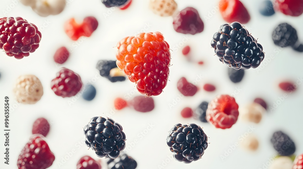 Various berries falling in mid-air isolated on a white backdrop