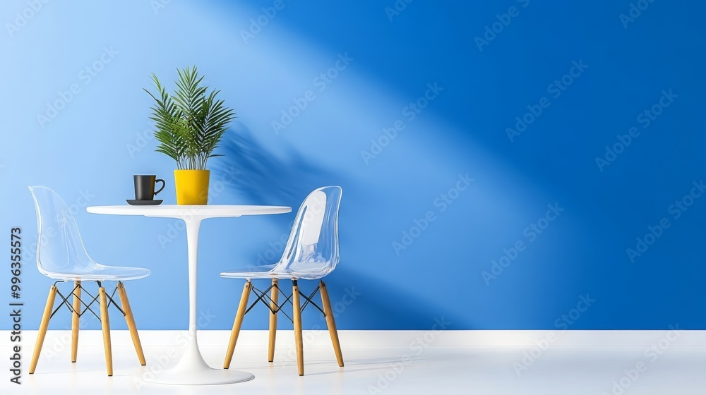 Obraz premium Minimalist Dining Room Interior with Blue Wall and Transparent Chairs