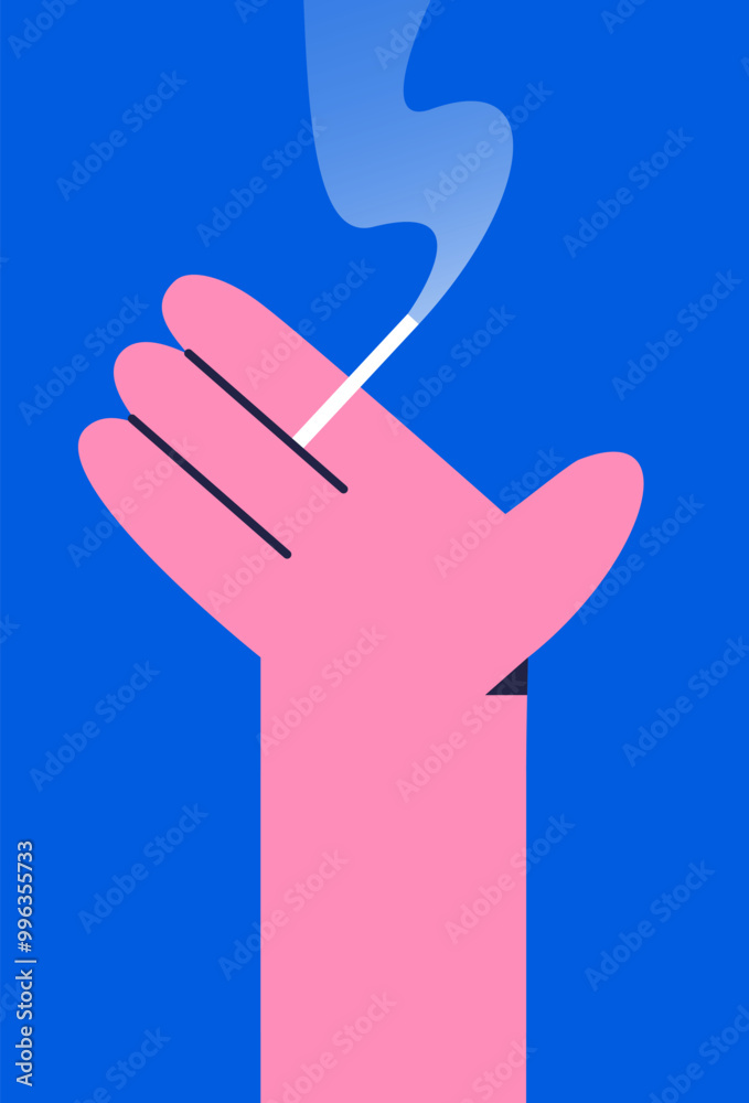 Fototapeta premium Human hand holding a cigarette. Addiction, bad habit, smoking concept. Poster, print, design template. Flat vector illustration in cartoon style.