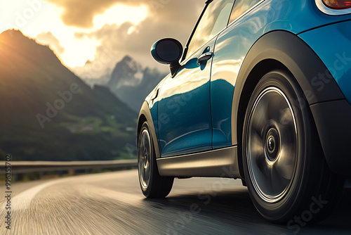 A blue mini car is driving down a road with mountains in the background.