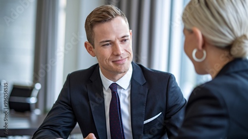 Two professionals engaged in a focused conversation in a modern office setting. The image captures the intensity of the exchange and the collaborative spirit.