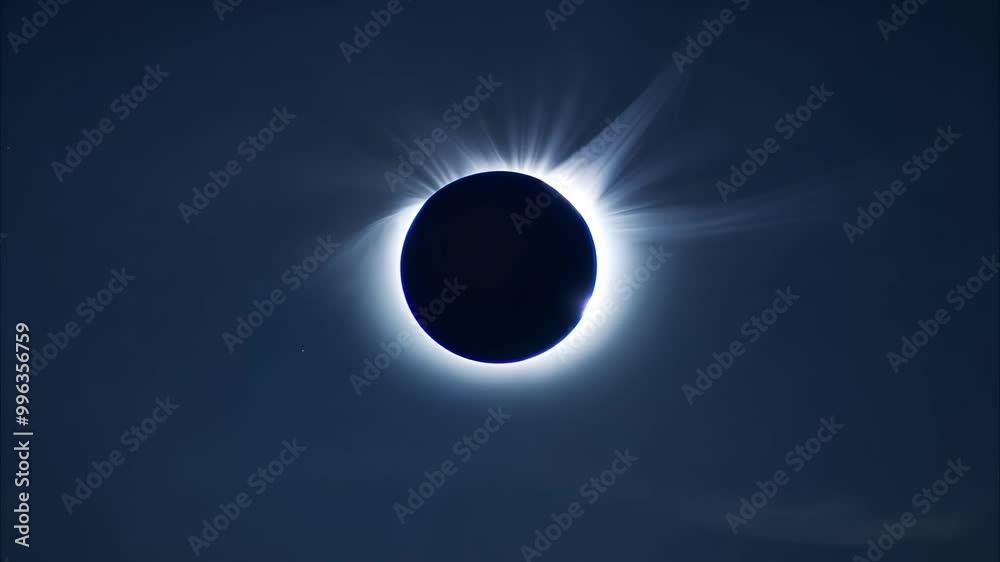 A solar eclipse with the sun's corona visible around a silhouetted moon.