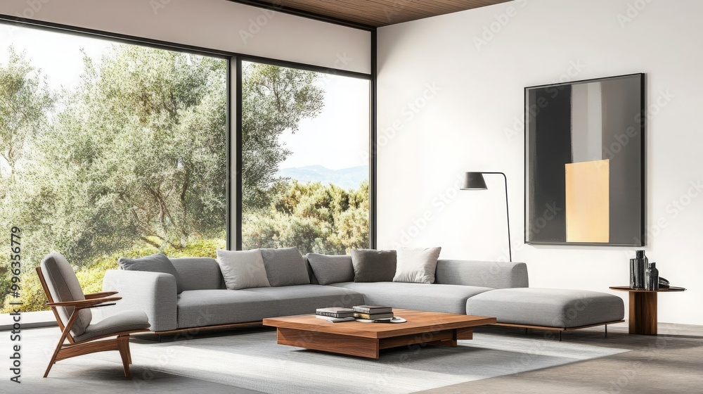 Fototapeta premium Modern Living Room with Grey Sectional Sofa and Wooden Coffee Table