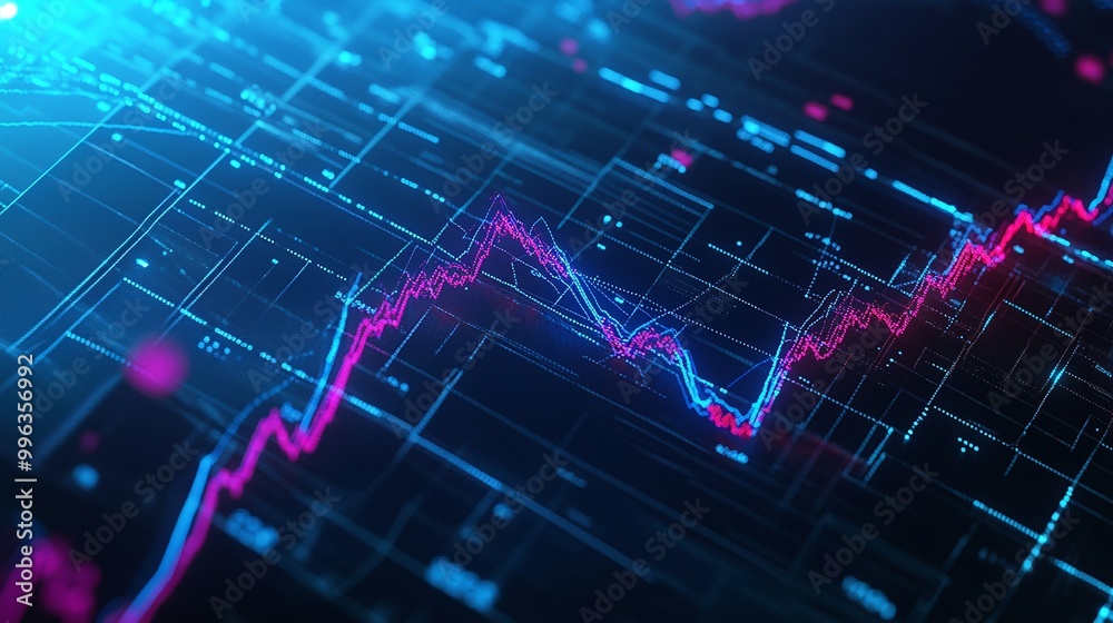 Abstract digital graph with vibrant lines on a dark background, representing data analysis and financial trends. Abstract digital graph with vibrant lines on a dark background, representing data analysis and financial trends.