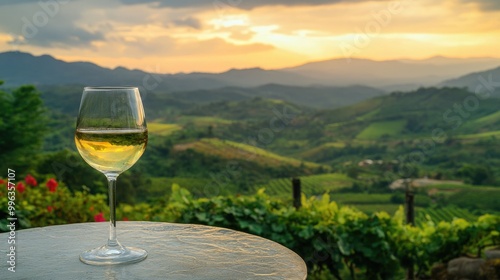 Wallpaper Mural A glass of white wine resting on a table, overlooking green mountain scenery, perfect for a serene outdoor setting Torontodigital.ca