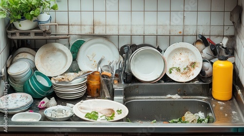 Dirty dishes in the sink in the kitchen, A pile of dirty dishes and dishes on a kitchen counter.
