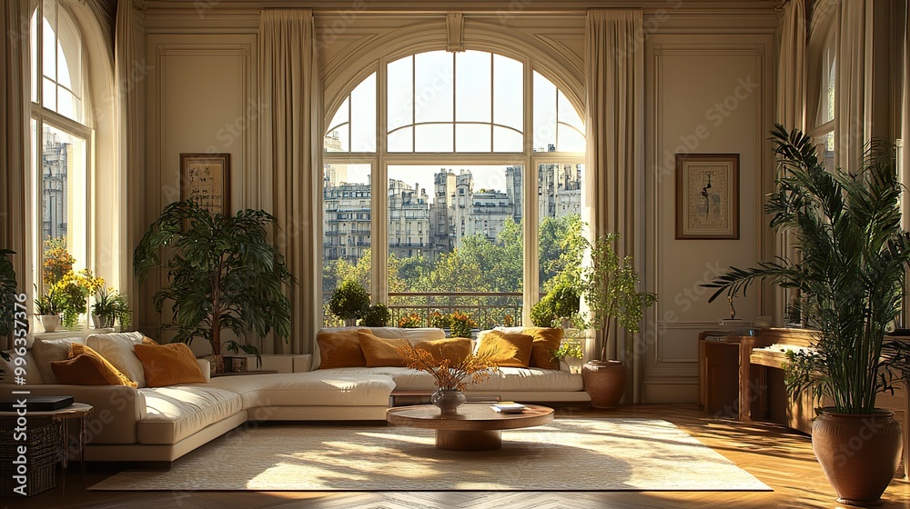 Modern Living Room with City View and Sunlight Modern Living Room with City View and Sunlight