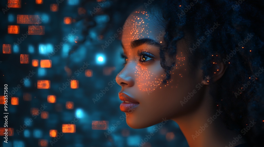 AI cyber security threat illustration, black african american female IT specialist analyzing data information technology, augmented reality artificial intelligence collage, side profile, copy space